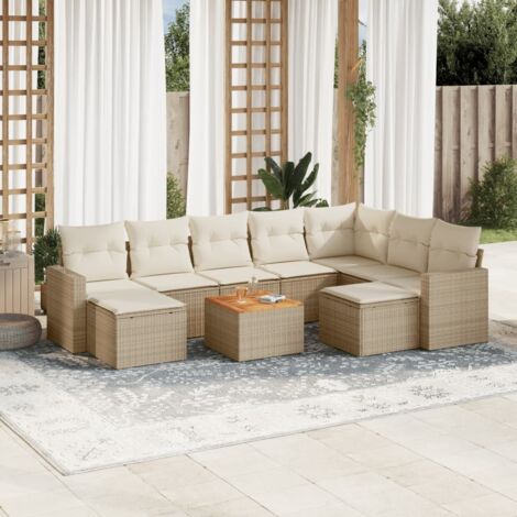 Ensemble Salon Jardin 10 Places Résine Tressée Beige avec Coussins Amovibles - Table Acacia et Structure Acier (1/3)