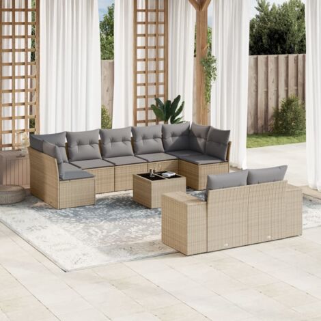 Ensemble Salon Jardin 10 Places Résine Tressée Beige avec Coussins Gris - Table Verre Trempé, Modulaire, Résistant aux UV (1/4)