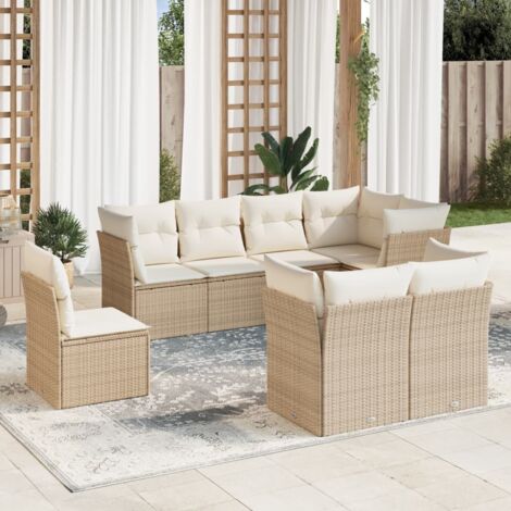 Salon de Jardin 8 Places en Résine Tressée Beige avec Coussins - Ensemble Modulaire pour Terrasse (1/3)