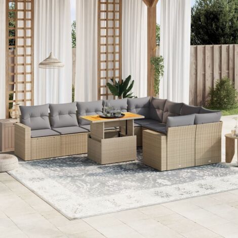 Ensemble Salon Jardin 10 Places Résine Tressée Beige avec Coussins Gris - Table Réglable et Mobilier Modulaire Extérieur (1/3)