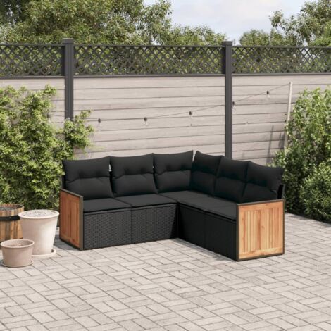 Ensemble Salon Jardin 5 Places Noir Résine Tressée avec Coussins - Meuble Extérieur Modulaire Rangeable (1/3)
