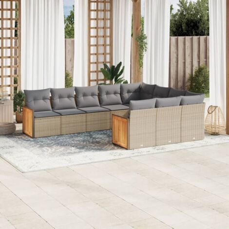 Ensemble Salon Jardin 10 Places Résine Tressée Beige avec Coussins Gris - Canapés Modulaires Jardin (1/4)