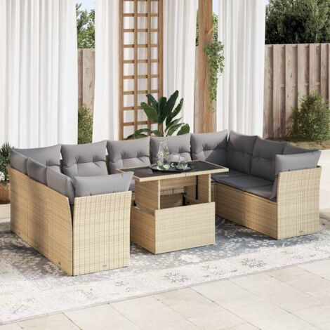 Ensemble Salon Jardin 10 Places Résine Tressée Beige avec Coussins Gris, Table Réglable et Rangement Intégré (1/4)