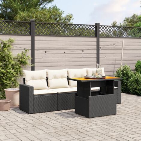 Ensemble Salon Jardin 5 Places Noir Résine Tressée avec Coussins Crème - Table Réglable Hauteur et Mobilier Modulaire Extérieur (1/3)