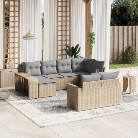 Ensemble Salon Jardin 10 Places Résine Tressée Beige avec Coussins Gris Modulable (1/4)