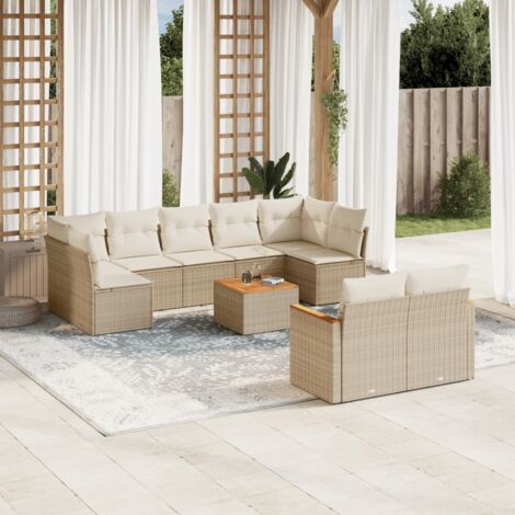 Ensemble Salon Jardin 10 Places Résine Tressée Beige avec Coussins - Table Acacia, Stockage Intégré, Modulaire (1/3)