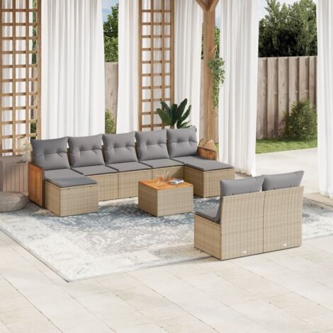 Ensemble Salon Jardin 10 Places Résine Tressée Beige avec Coussins Gris - Table Acacia et Espace Rangement (1/3)