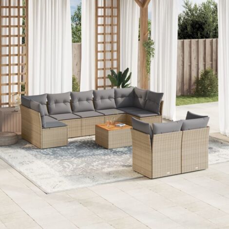 Ensemble Salon Jardin 10 Places Résine Tressée Beige avec Coussins Gris - Table Acacia Modulaire (1/3)
