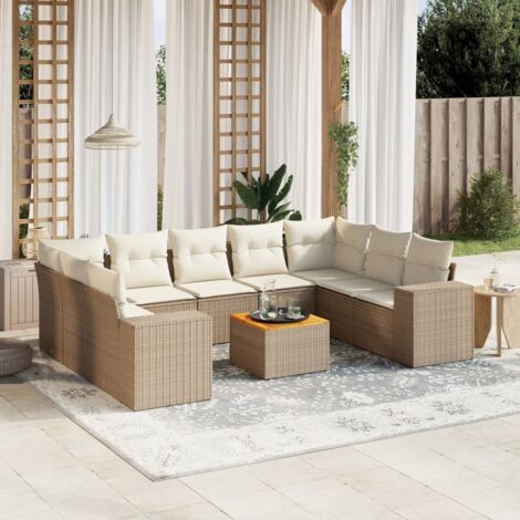 Ensemble Salon Jardin 10 Places Résine Tressée Beige avec Coussins - Table Acacia, Modulaire, Stockage Intégré (1/3)