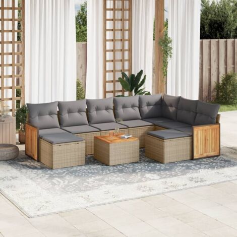 Ensemble Salon Jardin 10 Places Résine Tressée Beige avec Coussins Gris, Table Acacia, Modulaire, Rangement (1/3)