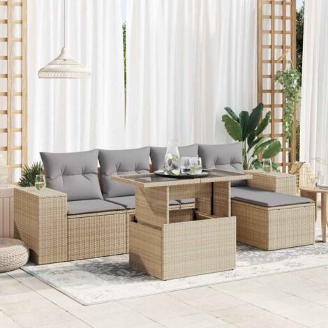 Ensemble Salon Jardin 6 Places Résine Tressée Beige avec Coussins Gris, Table Réglable et Rangement Intégré (1/4)