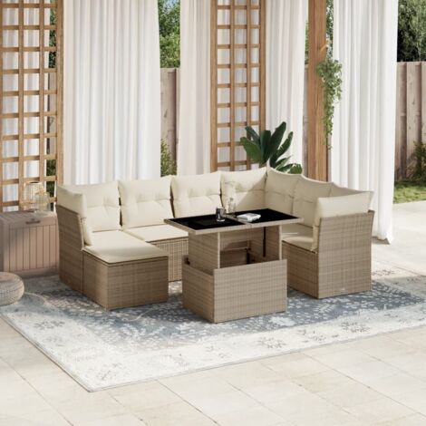Ensemble de jardin 8 places en résine tressée beige avec coussins - Table extensible verre trempé - Meuble terrasse modulaire (1/5)
