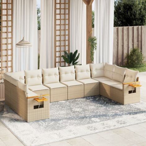 Ensemble Salon Jardin 10 Places Résine Tressée Beige avec Coussins Lavables - Modulaire Table Accoudoirs - 2 Sièges Coin + 6 Centraux + 2 Canapés (1/4)