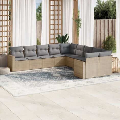 Ensemble Salon Jardin 10 Places Résine Tressée Beige avec Coussins Gris Modulable (1/4)
