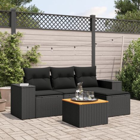 Salon de Jardin 5 Places Noir Résine Tressée avec Coussins et Table Acacia - Ensemble Modulaire avec Rangement Intégré (1/3)