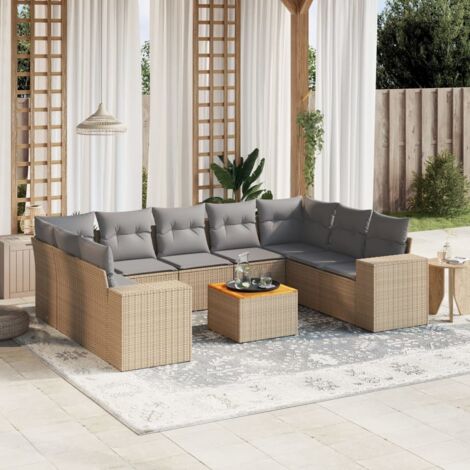 Ensemble Salon Jardin 10 Places Résine Tressée Beige avec Coussins Gris - Meuble Extérieur Modulaire avec Table Acacia et Espace Rangement (1/3)