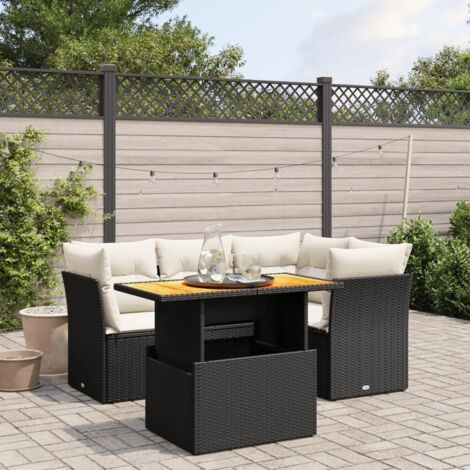 Ensemble Salon Jardin 5 Places Noir Résine Tressée avec Coussins Crème - Table Réglable Modulaire (1/3)