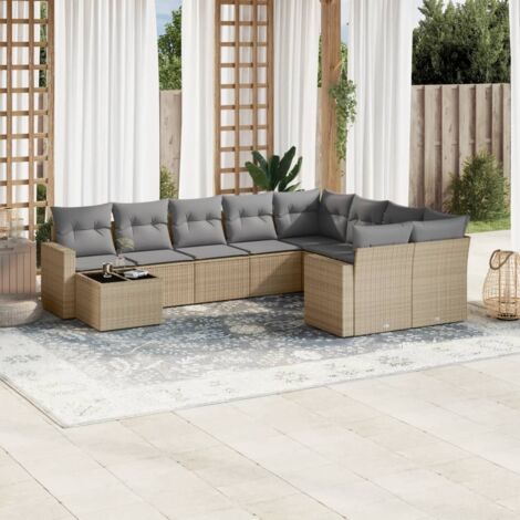 Ensemble Jardin 10 Places Résine Tressée Beige avec Coussins Gris, Table Verre Trempé, Stockage Intégré, Modulaire, Résistant aux UV (1/3)