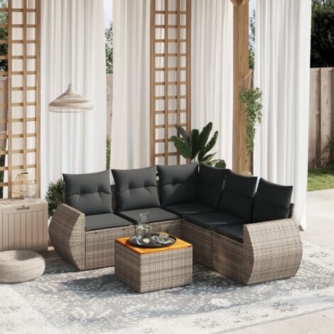 Ensemble de jardin 6 places en résine tressée grise avec table en acacia et coussins amovibles (1/5)