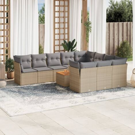 Set de Salon Jardin 11 Pièces en Résine Tressée Beige avec Coussins (1/3)