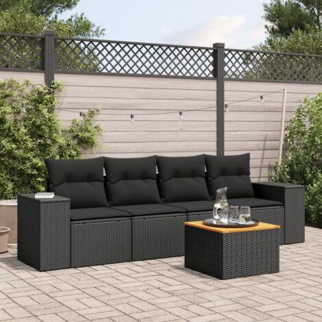 Salon de jardin 11 pièces rotin synthétique beige avec coussins gris et table acacia 68x62cm (1/3)