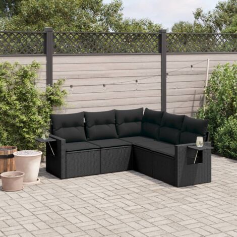Salon de Jardin 6 Pièces en Résine Tressée Gris avec Table en Verre Trempé et Coussins Détachables (1/5)