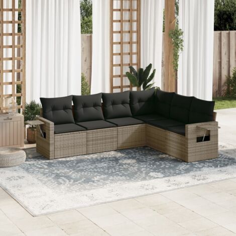 Salon de jardin 7 places gris en résine tressée, canapés modulaires avec table verre trempé et 7 coussins (1/5)
