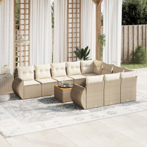 Ensemble Salon Jardin 11 Pièces Résine Tressée Beige avec Table Acacia et Coussins Gris Lavables (1/3)