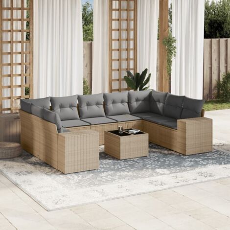 Salon de jardin 9 places en résine tressée gris avec coussins détachables, canapés modulaires pour terrasse ou patio (1/5)