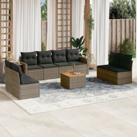 Ensemble de Salon de Jardin 7 Pièces en Résine Tressée Gris avec Coussins, 4 Fauteuils + 2 Canapés + 1 Table en Acacia, Modulable (1/5)