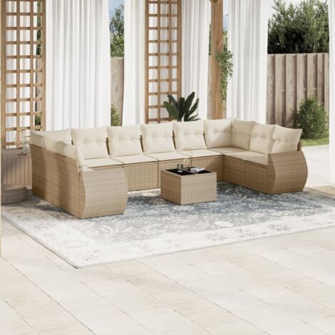 Salon de Jardin en Résine Tressée Beige 10 Pièces Modulaire avec Coussins Gris Lavables - Canapé d'Angle, Central et Accoudoirs (1/5)