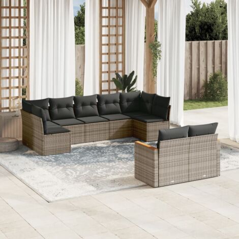 Ensemble de salon de jardin 9 places en résine tressée grise avec coussins – Canapés modulables et rangement intégré (1/5)