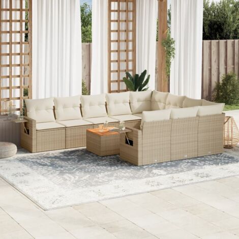 Ensemble salon de jardin 11 pièces résine tressée beige avec table et coussins lavables (1/5)