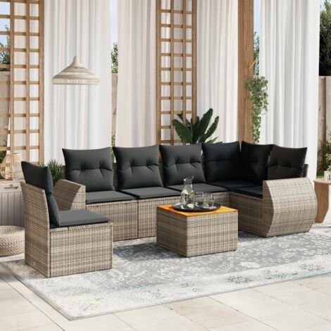Salon de Jardin 7 Places en Résine Tressée Gris avec Coussins, Table Acacia - Ensemble Modulaire de Canapés d'Extérieur 6 Sièges + 1 Table (1/5)