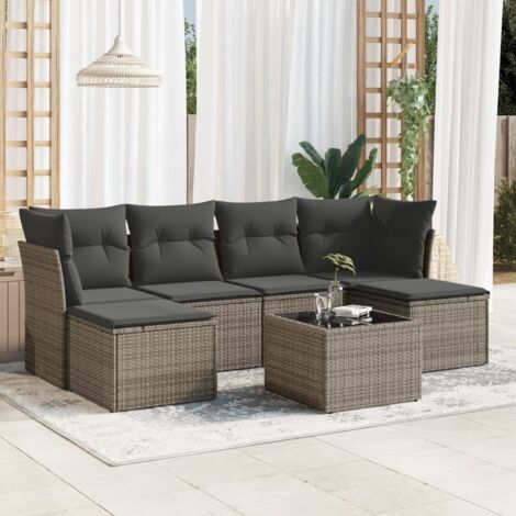 Ensemble salon de jardin 6 pièces gris polyrotin et coussins bleu marine, avec 2 fauteuils centraux, 2 d'angle et 2 tabourets, HPL-6303 (1/3)