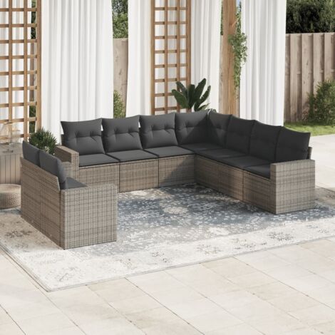 Canapé d'extérieur 11 places rotin synthétique beige - Ensemble salon jardin avec coussins gris lavables et conception modulaire (1/3)