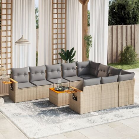 Salon de jardin en résine tressée beige - Ensemble modulaire 11 pièces avec canapés, fauteuils d'angle, table en acacia et coussins amovibles (1/5)