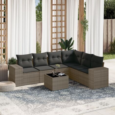 Ensemble canapé de jardin 6 places gris résine tressée modulable avec coussins amovibles (1/5)