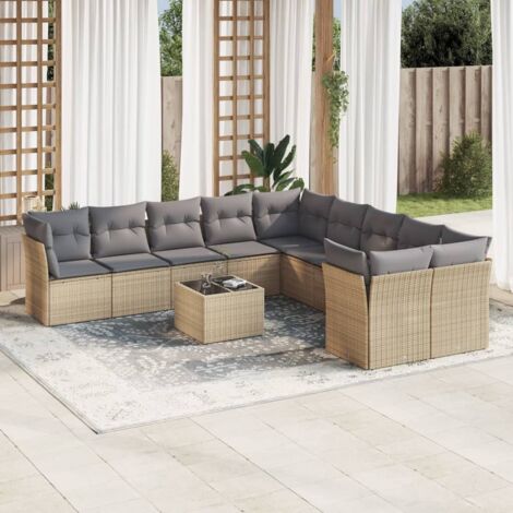 Ensemble de Jardin 11 Pièces en Résine Tressée Beige avec Coussins Crème, Table Verre Trempé 55x55cm, Modulaire (1/3)