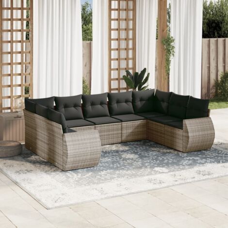 Salon de jardin 7 places avec coussins en résine tressée gris, 2 canapés à accoudoirs et modulable pour terrasse (1/5)