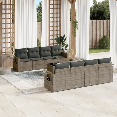 Ensemble Salon Jardin 7 Places en Résine Tressée, Gris - 2 Canapés, 4 Sièges, Table Verre Trempé avec Coussins (1/5)