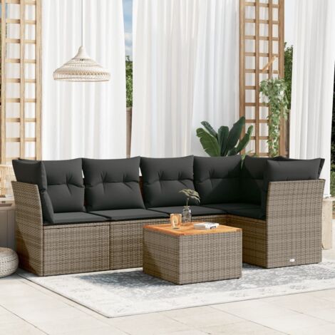 Ensemble de Salon Jardin 5 pièces Noir Résine Tressée avec Table Acacia et Coussins Crème (1/3)