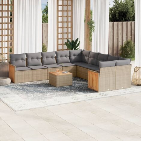 Salon de jardin 11 pièces en résine tressée beige avec coussins, table en acacia, meuble d'extérieur modulaire et lavable (1/5)