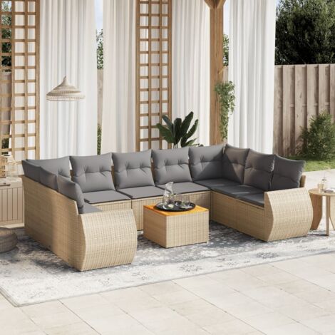 Ensemble Salon de Jardin 9 pièces Résine Tressée Gris avec Coussins, Table Acacia (1/5)