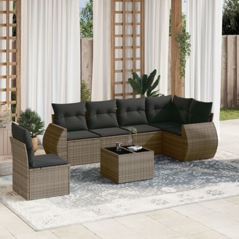 Canapé de jardin 6 places en résine tressée grise avec coussins – Ensemble modulaire salon extérieur pour terrasse (1/5)