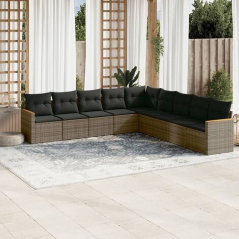 Ensemble de Salon Jardin 9 pièces Gris Résine Tressée, Table Acacia, Coussins Housse Amovible (1/5)