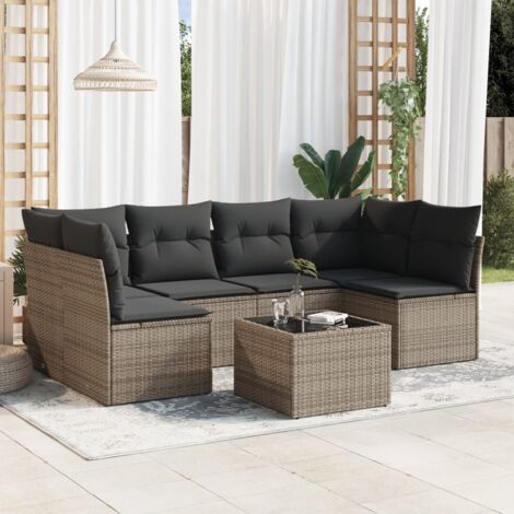 Ensemble de Salon de Jardin 7 Places en Résine Tressée Gris avec Coussins et Table en Verre Tempré (1/3)