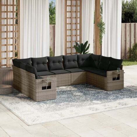 Ensemble Salon de Jardin 7 Places Gris Résine Tressée avec Coussins Lavables - Table d'Appoint Gaz - Modulaire (1/5)