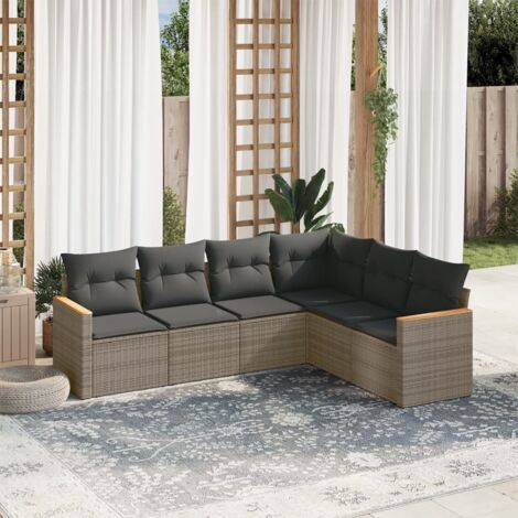 Ensemble Salon de Jardin Modulaire 7 Places en Résine Tressée Gris avec Coussins, Table en Acacia (1/5)