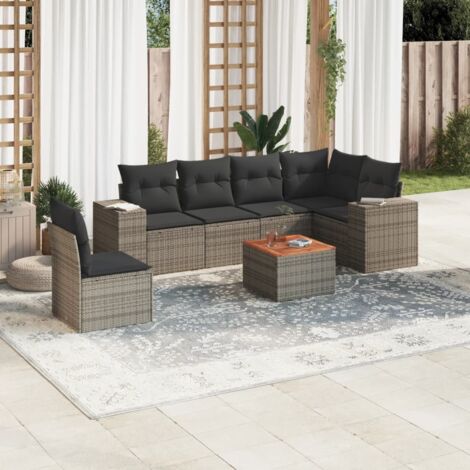 Ensemble de salon extérieur modulable en résine tressée gris avec coussins amovibles 7 pièces et table en acacia - Meuble jardin confortable (1/3)